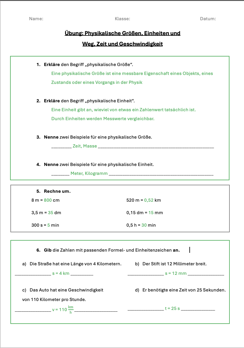 Kl6_00020_Übung_Physikalische Größen Umrechnungen_Weg_Zeit_Geschwindigkeit_(Lösung)